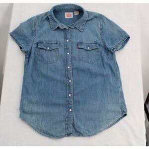 Levi's Denim Western Shirt Blue Womens Sz M Short Sleeve Snap Buttons Collared